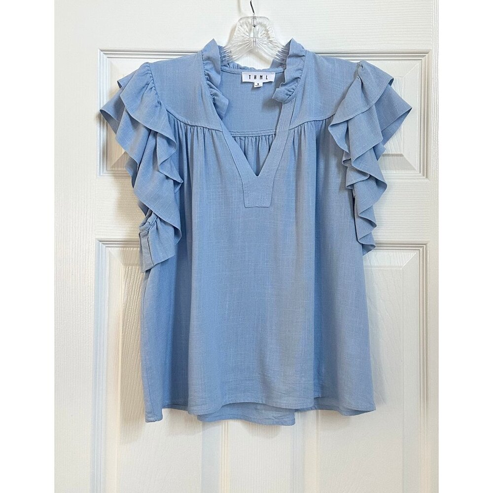 THML Light Blue Linen Flutter Sleeve Top - SMALL